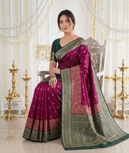 AARA Fashion Saree en soie pour femme, vert, avec bordure violette et rose, tenue de mariage indienne traditionnelle, longueur au sol, coupe classique, toutes tailles - Product Image 2