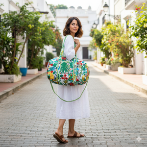 Sac de voyage matelassé en coton avec nœud et volant, fermeture éclair écologique et durable, style décontracté/sport/voyage, fabriqué au Rajasthan - Product Image 1