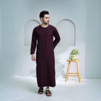 Qamis Homme Uni Bordeaux Longueur Cheville Manches Longues Col Rond Musulman Arabe Respirant Modeste Quotidien Décontracté