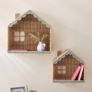 Ensemble d'étagères murales en rotin en forme de maison ludiques, à suspendre pour la chambre d'enfant, décoration de crèche, design créatif, ensemble d'étagères murales pour enfants - Product Image 1