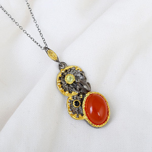 Vintage <b>Solid</b> 925 Sterling Silver Coral <b>Pendant</b> With Peridot And Black Stone 22K <b>Gold</b> Plated Everyday Wear Fine <b>Pendant</b> & Charms - Product Image 3