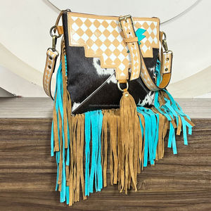 Latest Pattern Hand Tooled Checkered <b>Leather</b> Fringe Handbag Turquoise Thunderstorm Lightning Cowhide <b>Leather</b> Designer Zipper <b>Bag</b> - Product Image 4