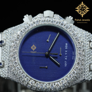 Reloj Mecánico de Lujo para Hombre Pahal Jewels, 42 mm, Cristal de Zafiro, Esfera Azul, Acero Inoxidable, Cronógrafo, Fecha, Diamantes - Product Image 4