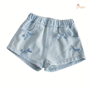 Shorts Bermuda en coton bleu clair pour filles avec poches à nœud, taille haute élastique, pantalon décontracté d'été - Product Image 2