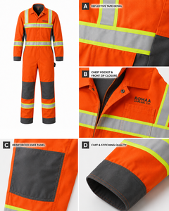 Orange Charcoal Grey Hi Vis Reflective Work Coverall Heavy Duty Industrial <b>Overall</b> with Reinforced Knees and Utility Pocket - Product Image 4