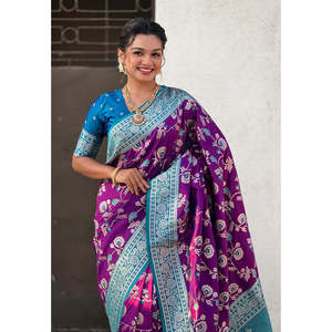 Purple Banarasi Contrast Jaal Woven Saree Soft <b>Silk</b> Zari Traditional Indian <b>Shawl</b> - Product Image 3