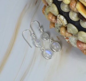 Handmade 925 Sterling Silver <b>Rainbow</b> Moonstone Hook Earrings Oval Gemstone Boho Gift for Women - Product Image 2