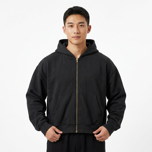 Sweat-shirt à capuche noir à fermeture éclair, surdimensionné, unisexe, streetwear, avec poche kangourou - Product Image 4