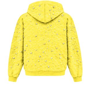 Sweat-shirt à capuche jaune citron perlé avec fermeture éclair intégrale, veste streetwear de luxe ornée de cristaux, sweat-shirt à manches longues avec poche avant - Product Image 2
