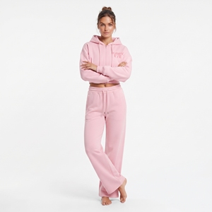 Conjunto deportivo de color rosa moderno para mujer, con sudadera con capucha y cremallera completa, hombros caídos y pantalones jogger de pierna ancha, 100% algodón polar, conjunto de dos piezas. - Product Image 5