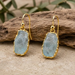 Handmade Raw Aquamarine <b>Earrings</b> Brass Gold Plated Natural Rough Aquamarine Drop <b>Earrings</b> Bohemian Artisan Gemstone Jewelry - Product Image 3
