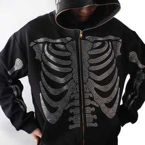 Sudadera con capucha y cremallera para hombre, con diseño de máscara facial completa de esqueleto y pedrería, estilo Streetwear Y2K 2026, negra, oversize, con gráfico de huesos brillantes HD - Product Image 2