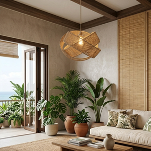 Lustre suspendu géométrique artistique en corde tressée moderne pour décor tropical et Japandi - Product Image 5