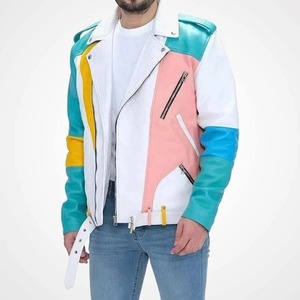 เสื้อแจ็คเก็ตมอเตอร์ไซค์ผู้ชายหลากสีพาสเทล ทำจากหนังแท้ - Product Image 1