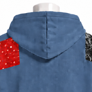 Sweat à capuche zippé oversize en denim bleu avec patchwork de tapisserie et patchs imprimés, style streetwear décontracté - Product Image 4