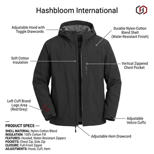 Veste d'hiver pour homme Hashbloom International, personnalisée, imperméable, en nylon et coton, avec capuche rembourrée en coton, teinte unie sur le devant - Product Image 5