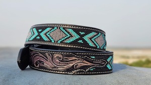 Luxury Cowboy <b>Tooled</b> Leather Belt with Southwestern Beadwork and Classic Engraved Rodeo Buckle Style - Product Image 2