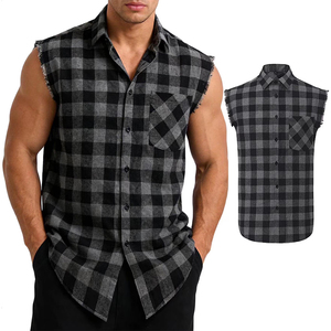 Chemise en flanelle grise et noire, dernière tendance, sans manches, coupe ajustée, décontractée, en coton respirant, à carreaux, pour hommes - Product Image 1