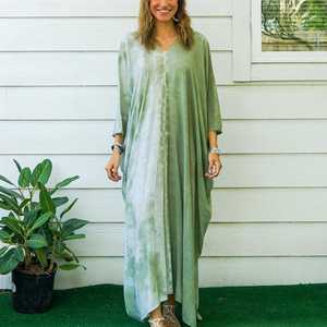 Premium Quality Women's <b>Kaftan</b> Dress V-neck Tie Dye Eco-Friendly Casual <b>Summer</b> Boho Style Slit Ankle-Length Straight Silhouette - Product Image 2