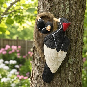 Estatua de Pared de Pájaro Pájaro Carpintero de Resina con Pollitos, Decoración de Vida Silvestre Pintada a Mano para el Hogar, Jardín y Decoración de Cercas - Product Image 1