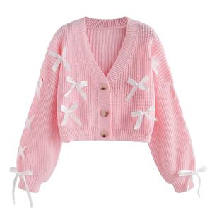 Suéter Informal Personalizado, Ecológico, de Lana, para Invierno, Holgado, con Cuello en V, Manga Larga, Lindos Lazos Decorativos en 3D, Cárdigan de Punto con Botones - Product Image 1