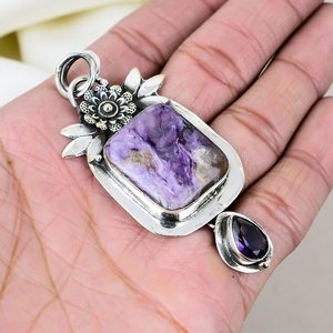 Pendentif élégant en argent sterling 925 plaqué or, fait main, avec charoïte et améthyste naturelles, cadeau de fiançailles - Product Image 6