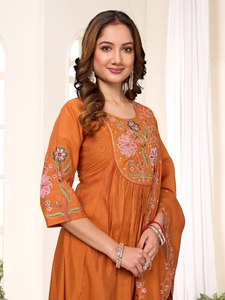 ชุดกางเกง anarkali kurti ปักด้วยไหมโรมันพรีเมี่ยมพร้อมผ้าไหมสไตล์จีนชุดสวมใส่ตามชาติพันธุ์ของผู้หญิง - Product Image 2