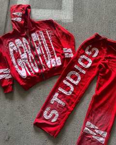 Ensemble sweat à capuche zippé et pantalon de survêtement large pour homme, avec patch lettres vieilli personnalisé, léger, 100% coton, écologique, décontracté - Product Image 2