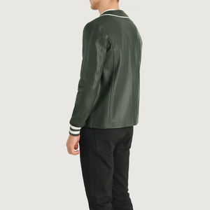 เสื้อแจ็คเก็ตบอมเบอร์หนัง PU สีเขียวสำหรับผู้ชาย แบบไม่มีปก ทรงปกติ ติดกระดุมแถวเดียว แต่งขอบสีขาว สวมใส่สบายๆ ในฤดูใบไม้ร่วง - Product Image 3