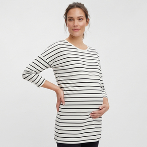 T-shirt long de maternité en coton et polyester à rayures pour femmes, t-shirt d'allaitement surdimensionné, t-shirts de grossesse pour femmes - Product Image 1