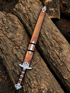 Épée viking en acier damas forgé à la main avec fourreau en bois, design antique plaqué argent, objet de collection artistique - Product Image 6