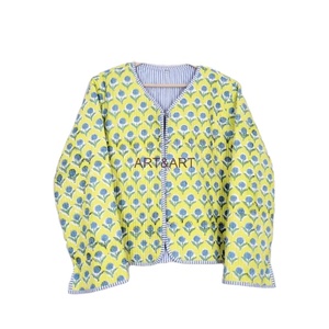 Col en V coton matelassé veste main bloc imprimé réversible fleuri court manteau tissé tricoté respirant hiver automne rayé - Product Image 2