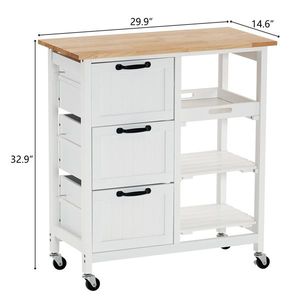 Three Drawers Three Layers 76*37*84cm Storage Cart with Black Handle Rubber Wood Log Color and White Spray Paint Dining Car - Product Image 3
