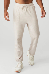 Pantalon de survêtement en coton beige pour homme, taille élastique avec cordon de serrage, poches latérales, décontracté, mi-saison, tricoté - Product Image 2