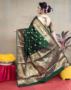 Dark <b>Green</b> <b>Silk</b> Woven Banarasi Saree - Product Image 6