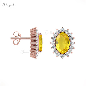 Pendientes Delicados de Oro Sólido de 14K Hechos a Mano con Zafiro Amarillo Natural de 1.16CTW y Halo de Diamantes a Precio de Fábrica - Product Image 4