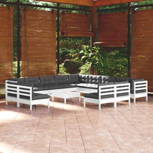 Set da salotto in legno di pino bianco solido da 14 pezzi con cuscini mobili da esterno Premium - Product Image 1