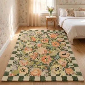 Tapis rectangulaire floral 100 % laine écologique, motif à carreaux vert et blanc, style pastoral, à poils moyens, pour chambre à coucher - Product Image 1