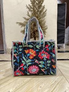 Sac fourre-tout matelassé en coton à motifs floraux pour femme, style bohème, avec fermeture éclair, sac à bandoulière, broderies, pour la plage, le shopping, les voyages, usage quotidien, Inde - Product Image 3