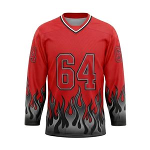 Camisetas de Hockey sobre Hielo con Estampado Gráfico de Llamas en Degradado Negro y Rojo, Uniformes de Equipo de Poliéster de Alto Rendimiento, Camisetas de Manga Larga - Product Image 2