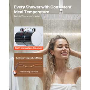 12-Inch Thermostatic Ceiling Mount Rainfall <b>Shower</b> System 6-Inch Wall Mount Brass Valve <b>Trim</b> Kit 2-Handheld 1-Spray <b>Shower</b> - Product Image 3