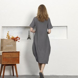 Bohemian Gray Plain Cotton Linen Maxi <b>Dress</b> With O-Neck <b>Loose</b> Fit Half Sleeve Summer Casual Midi <b>Dress</b> For Women - Product Image 5