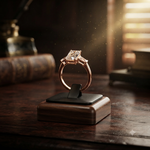 Anillo de Compromiso de Tres Piedras con Diamante Cultivado en Laboratorio, Corte Radiante, Oro Rosa, con Piedra Lateral Trapezoidal, Anillo de Boda - Product Image 1