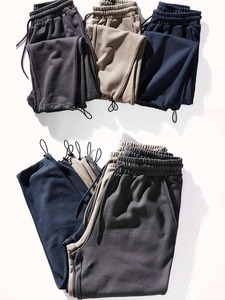 Men's Dark Blue Cotton Sweatpants Elastic Waist Drawstring Casual Joggers Side Pockets Breathable Midweight Autumn Wear - Product Image 3