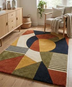 Modern Abstract <b>Block</b> Patchwork Wool Anti-Slip Medium Pile Cotton Canvas Backing Soft Tufted Terracotta Olive Mustard Multi - Product Image 4