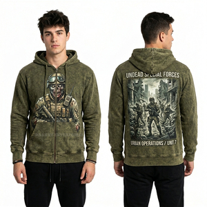 Sweat à capuche zippé vert olive délavé personnalisé pour homme, style urbain, streetwear graphique, en molleton épais, effet vieilli - Product Image 1