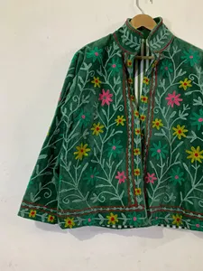 Vintage Green <b>Velvet</b> Embroidered Suzani <b>Jacket</b> with Floral Pattern Full Sleeve Stand Collar Bohemian <b>Women's</b> Autumn Outerwear - Product Image 4