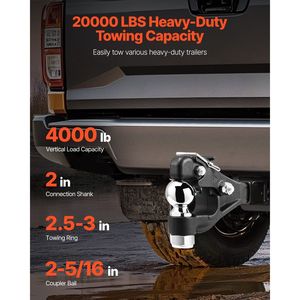 Gancho de Remolque de 20000 Libras con Receptor de 2 Pulgadas y Bola de Remolque de 2-5/16 Pulgadas, Combinación de Ganchos de Remolque que se Adapta a 2.5 y 3 Pulgadas - Product Image 2
