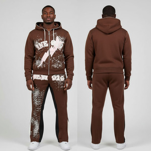 Ensemble de survêtement deux pièces en coton épais à capuche et fermeture éclair intégrale pour homme, style streetwear hiver, marron personnalisé - Product Image 1