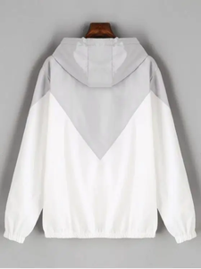 Unisex Hooded Color Blocking Windbreaker <b>Jacket</b> Breathable <b>Lightweight</b> <b>Summer</b> Casual Zipper Front Loose Fit White Gray Polyester - Product Image 2